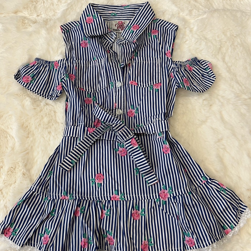 Striped Blue and Pink Floral Kids Dress